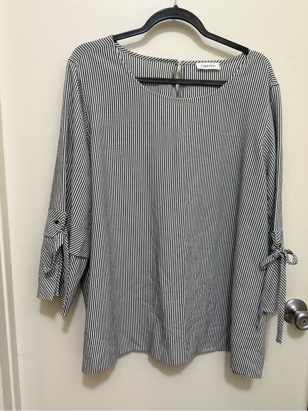 Calvin Klein Black & White Vertical Stripe Tie-Sleeve Blouse